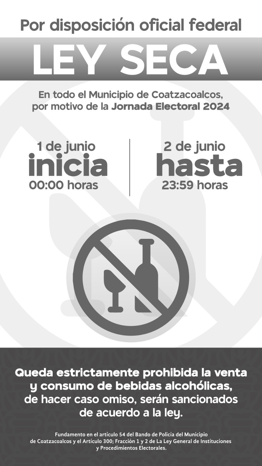 Se implementará ‘Ley Seca’ por elección de este domingo 2 de junio