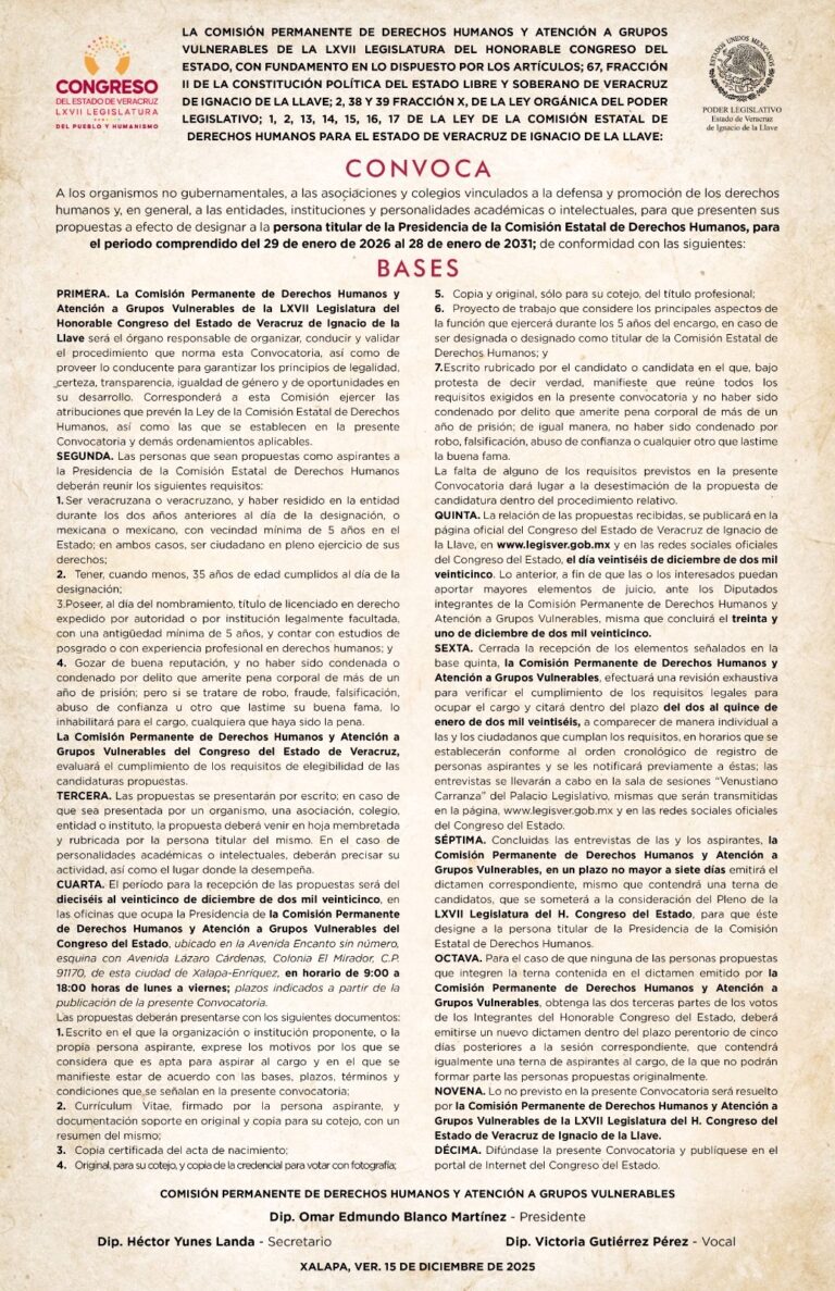 Emite Comisión la convocatoria para designar titular de la CEDH