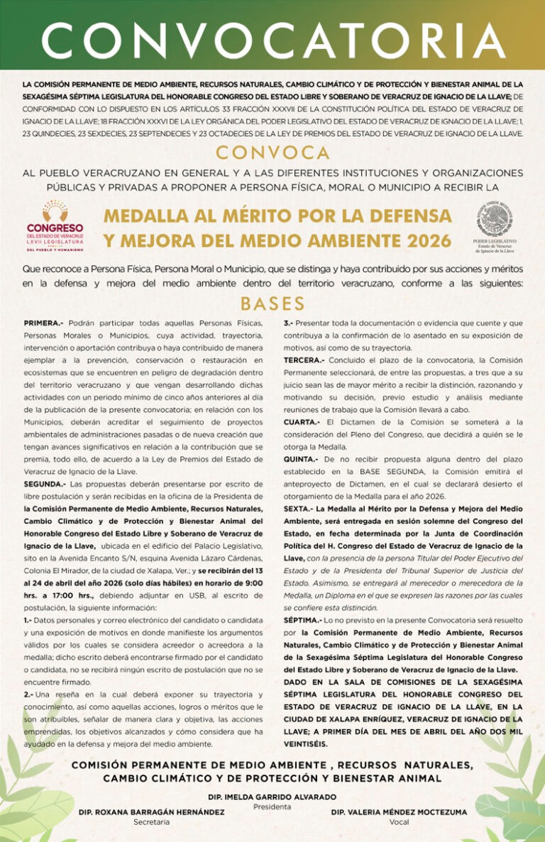 Emite Comisión convocatoria para entrega del Premio al Mérito Ambiental 2026